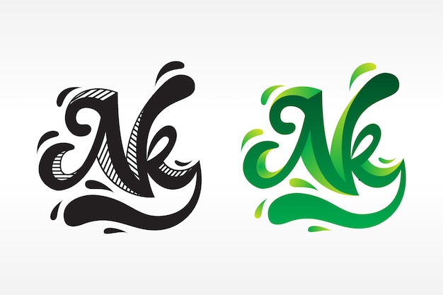 Vettore raccolta di modello di design del logo della lettera iniziale nk design in stile liquido due colori selezionati