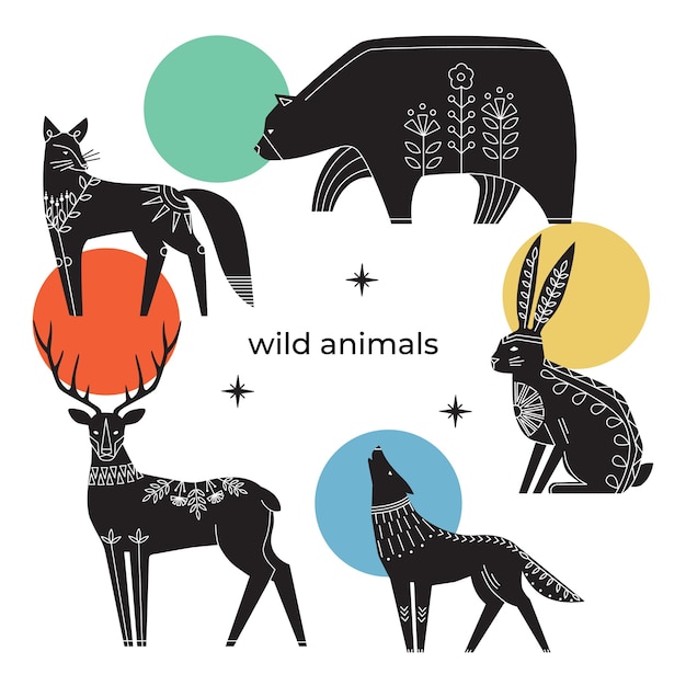 Vector collection of ink animals with scandinavian floral ornament