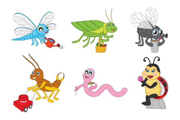 子供向けの絵本に適した、日常の活動をしている昆虫のキャラクターのコレクション