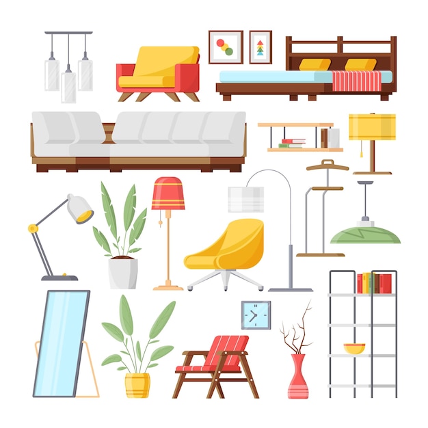 Collection interior design decorative elements illumination furniture isometric icon vector illustration Set domestic office apartment furnishing armchair bed floor lamp wall art couch potted plant