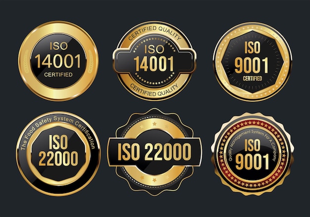 Collezione di badge d'oro per la certificazione iso