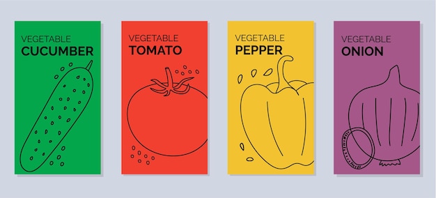 A collection of isolated bright banners with vegetables cucumber tomato pepper and onion Vector