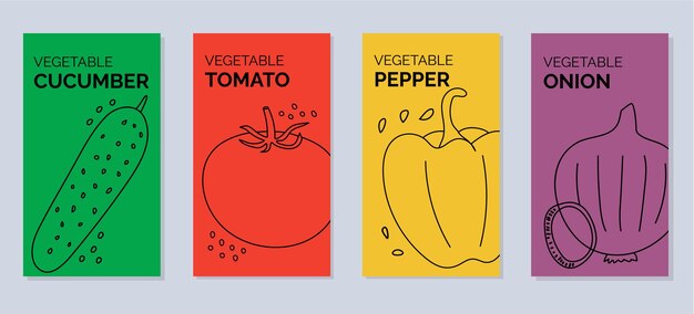 A collection of isolated bright banners with vegetables cucumber tomato pepper and onion Vector