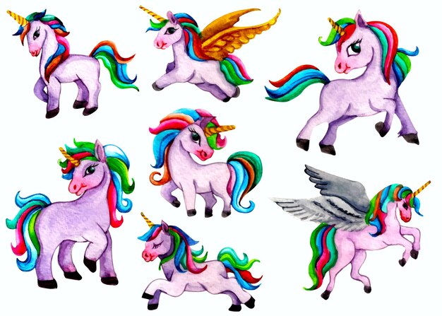 Vector collection of isolated cute watercolor unicorns clipart nursery unicorns illustration