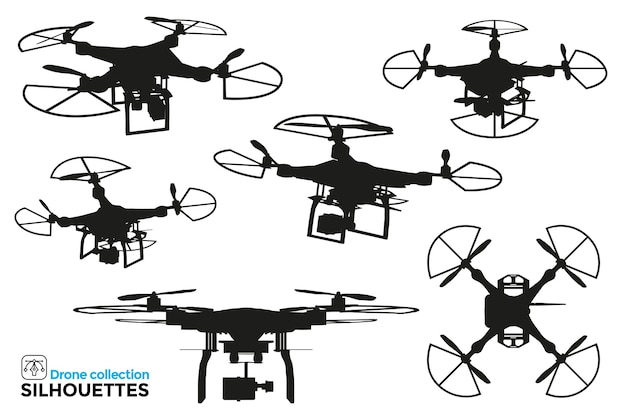 Collection of isolated drone silhouettes in different views. High detail. Graphic resources.