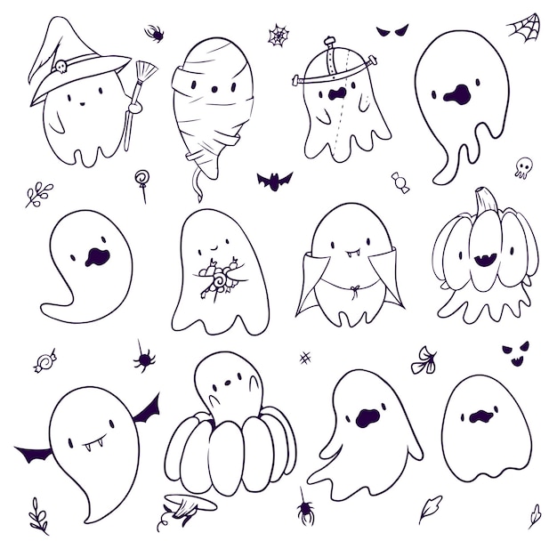 Collection of isolated halloween cartoon ghosts white