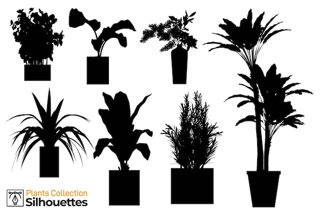Collezione di sagome di piante e alberi isolati in vasi da giardino