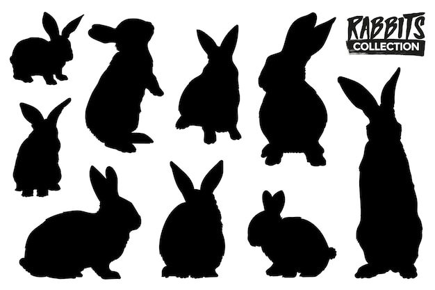 Collection of isolated rabbits silhouettes. Graphic resources. 