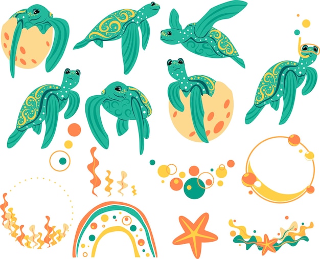 Vector collection of isolated sea turtles seaweed stars and bubbles