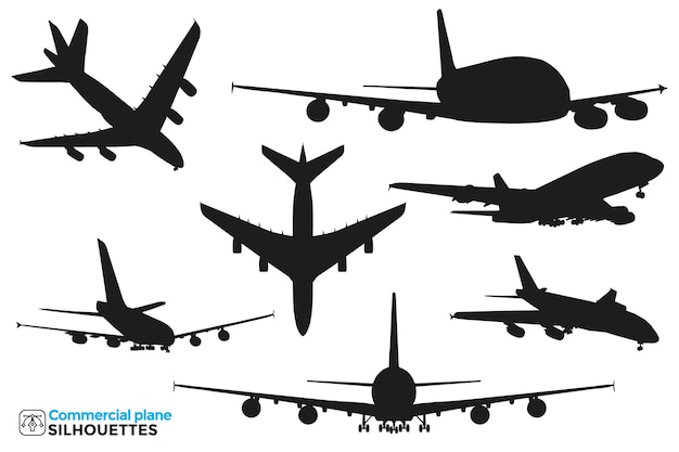 Vettore raccolta di sagome isolate di aeroplani commerciali in diversi punti di vista.
