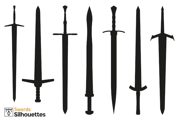 Vettore raccolta di sagome isolate di diverse spade medievali e fantasy.