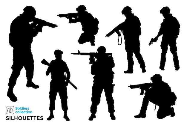 Collection of isolated silhouettes of military and soldiers