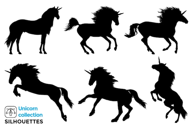 Collection of isolated silhouettes of unicorns in different poses.