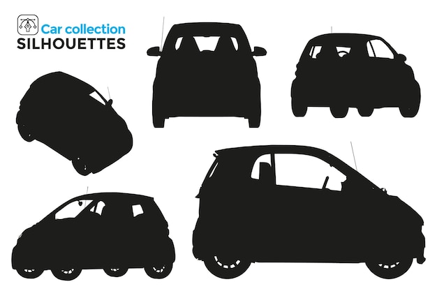 Raccolta di sagome di piccole auto isolate in diversi punti di vista. risorse grafiche.