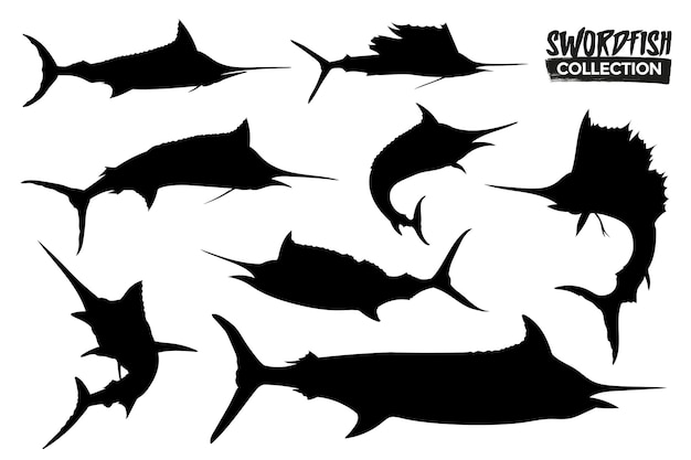 Collection of isolated swordfish silhouettes. Graphic resources. 