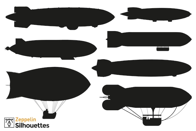 Vector collection of isolated zeppelin silhouettes.