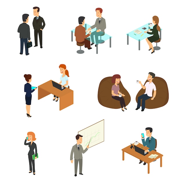 Vector collection of isometric business people working in the office.