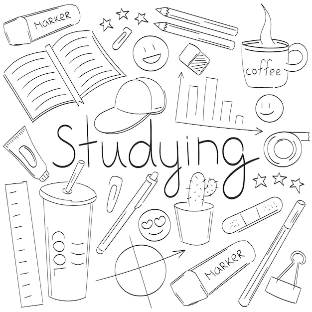 Collection of items for education school university college Lettering Studying Vector illustration