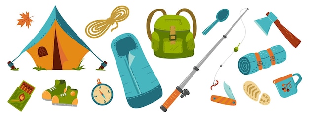 ハイキングテントバックパック寝袋スニーカーのアイテムと機器のコレクションは釣り竿と一致します