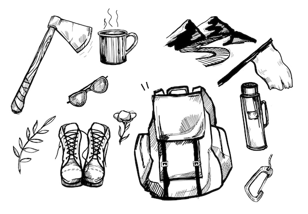 Collezione di oggetti per un'escursione in montagna
