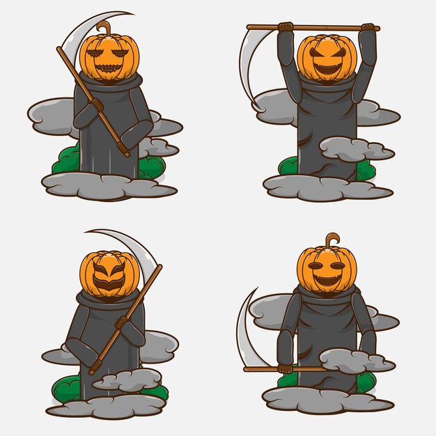 A collection of Jack O Lantern poses carrying a scythe. Halloween concept. Simple premium design