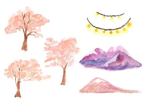 Collection of japanese sakura tree and fuji mountain watercolor