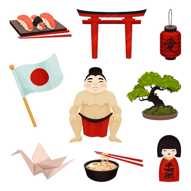 Collection of Japanese souvenirs and accessories..  illustration on white background.