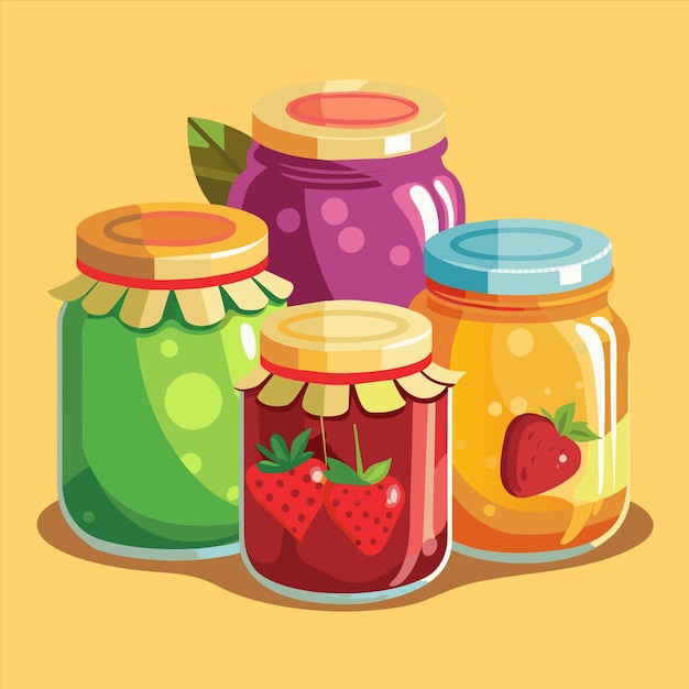 a collection of jars with a strawberry jam on the bottom