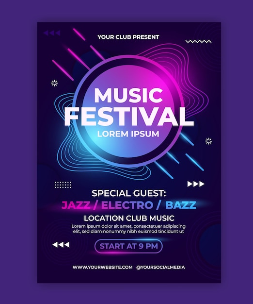 A collection of jazz music event templates that look modern with gradients of bright blue and purple with a very lively blue background for the music event