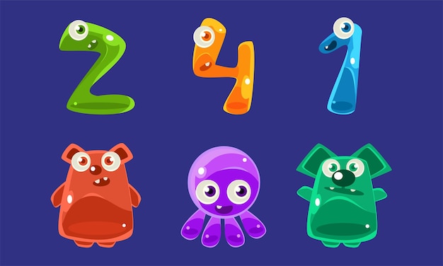 Vector collection of jelly creatures and numbers glossy colorful cute animals vector illustration