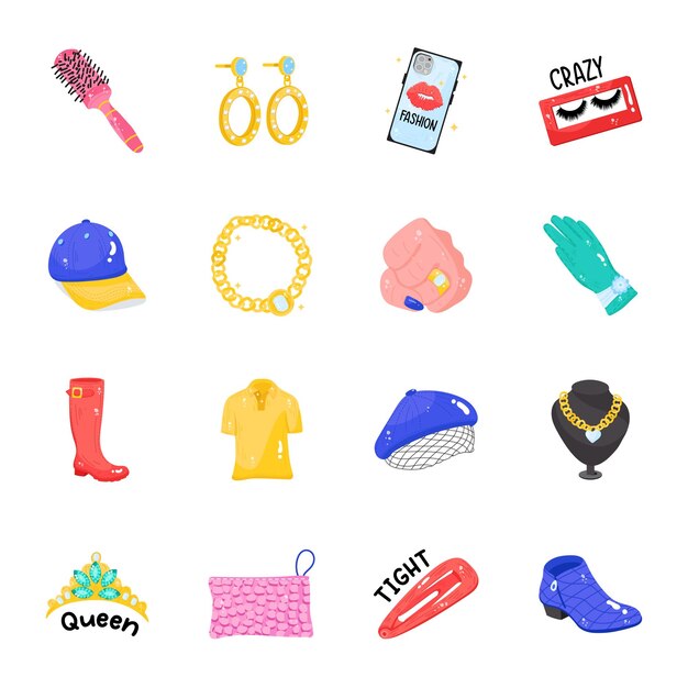 Коллекция ювелирных изделий и модного оборудования Flat Sticker Icons