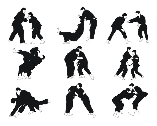 Collection of judoka silhouettes isolated vector