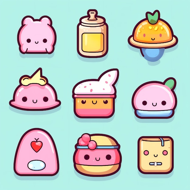 Vector a collection of kawaii food items.