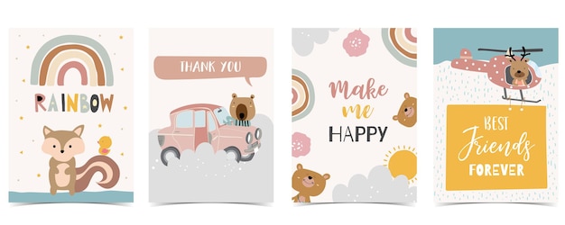 Vector collection of kid postcard set with bear, rainbow, sun.editable vector illustration for website, invitation,postcard and sticker