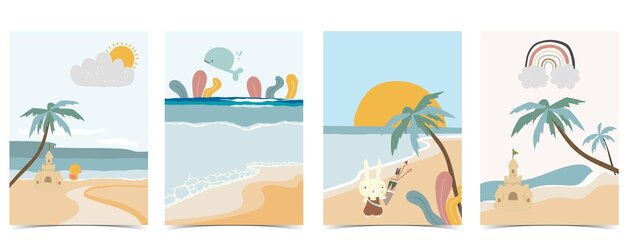 Collezione di cartoline per bambini con sabbia, mare, sole. illustrazione vettoriale modificabile per sito web, invito, cartolina e adesivo