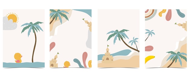 Коллекция детских открыток с морем, пляжем, солнцем. Редактируемые векторные иллюстрации для веб-сайта, приглашения, открытки и наклейки