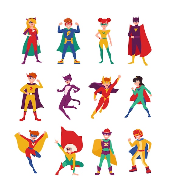 Collezione di supereroi per bambini. fascio di ragazzi e ragazze con super poteri. set di bambini forti e coraggiosi che indossano costumi e mantelli attillati. illustrazione vettoriale in stile cartone animato piatto.