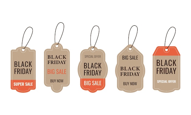 Collection of labels of different shapes in grunge style for black friday