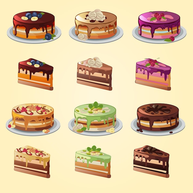 Vector collection of layered cakes and cake pieces with chocolate, cream, topping, fruit, nuts and berries.