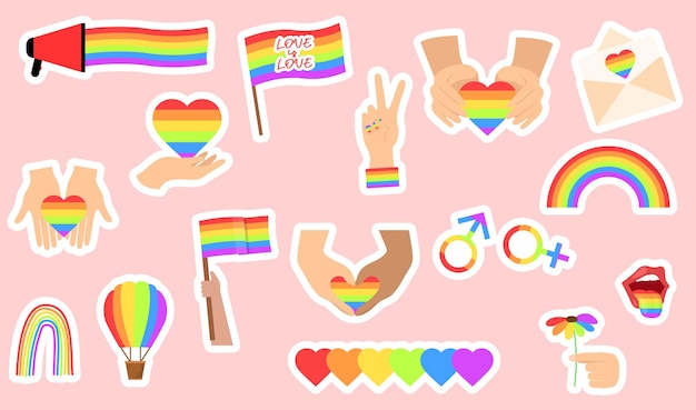 LBGTQ ステッカーのコレクション クリップ アート レインボー プライド シンボル LGBT 権利シンボル分離のセット