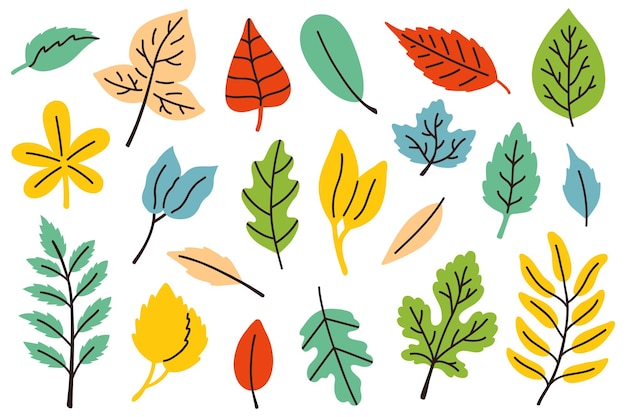 A collection of leaves that are colored in orange green and blue