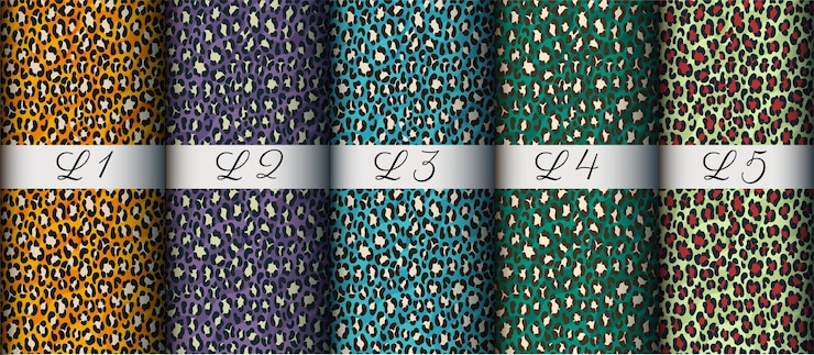 Vector collection of leopard skin pattern and cheetah fur seamless illustration with colorful background