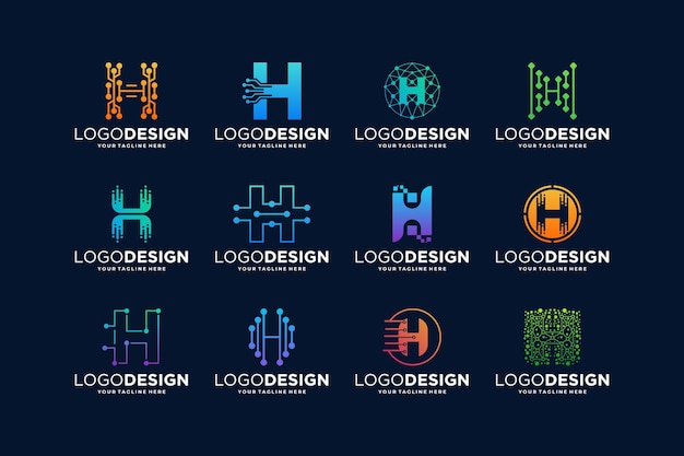 Vector collection of letter h logo design with digital connection concept