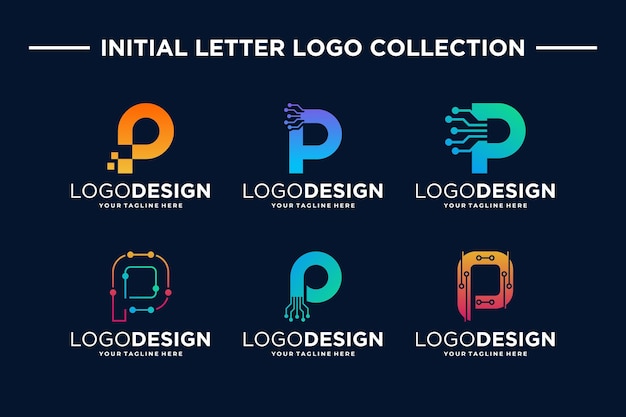 Vettore collezione di disegni di logo tecnologico digitale con la lettera p