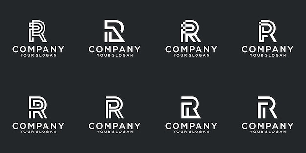 추상 흰색 색상의 편지 R 로고 디자인의 컬렉션입니다. 비즈니스를위한 현대적인 미니멀리스트 플랫