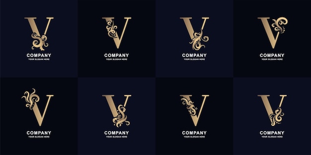 Logo della lettera di sollecito v con design di ornamento di lusso