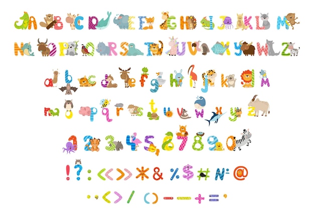 Collection of letters numbers and punctuation marks with animals