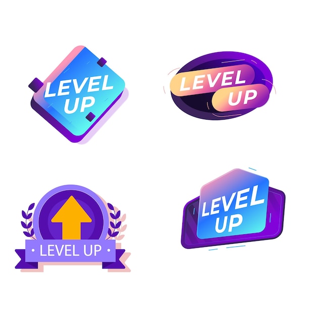 Collection level up golden icon isometric vector illustration Set of medal label achievement design