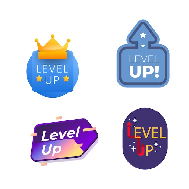 Collection level up golden icon isometric vector illustration Set of medal label achievement design