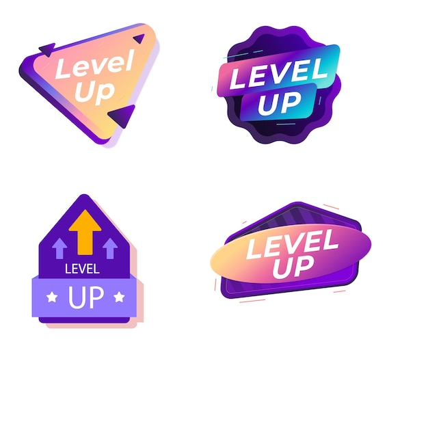 Collection level up golden icon isometric vector illustration Set of medal label achievement design